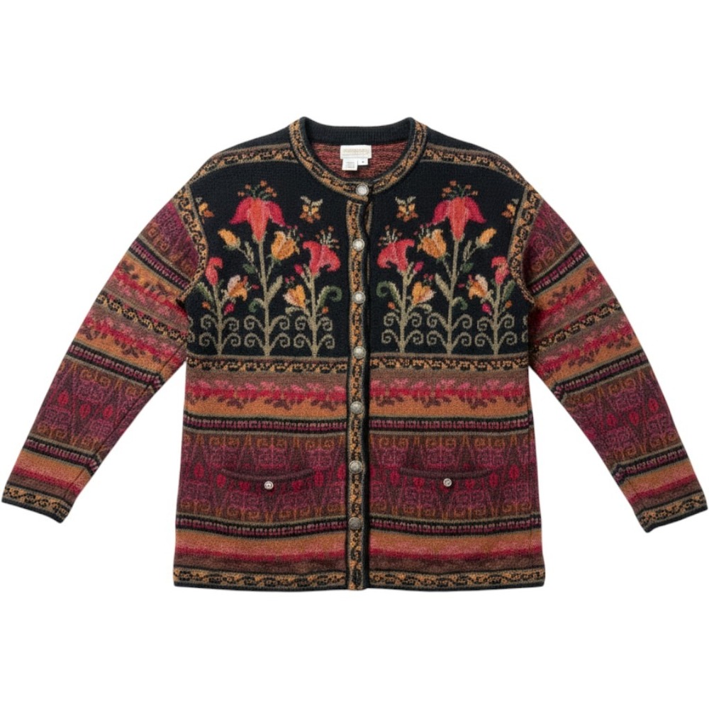 Coldwater Creek Womens Shetland Wool Lined Floral Fair Isle Cardigan Sweater M
